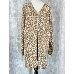 VTG Womens Linen Blend Zip Up Long Cardigan 1X Leopard Cheetah Print Italy